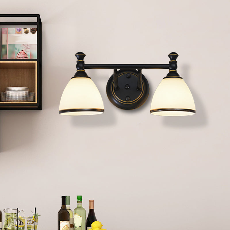Milky Glass Black Vanity Sconce Tapered 2/3 Lights Retro Style Wall Lighting Idea for Shower Room 2.0 Black Clearhalo 'Vanity Lights' 'Wall Lights' Lighting' 1431161