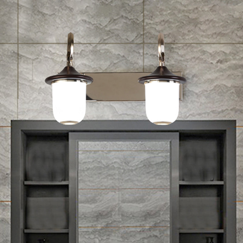 Classic Cylinder Wall Mount Lamp 2/3 Bulbs White Glass Vanity Mirror Light with Scroll Arm in Black 2.0 Black Clearhalo 'Vanity Lights' 'Wall Lights' Lighting' 1431169