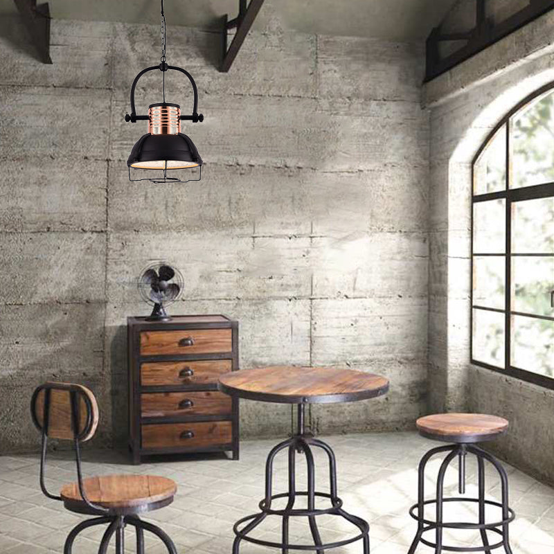 Matte Black 1 Light Pendant Light Industrial Metallic Dome Shade Ceiling Fixture with Glass Diffuser and Wire Cage Clearhalo 'Art Deco Pendants' 'Black' 'Cast Iron' 'Ceiling Lights' 'Ceramic' 'Crystal' 'Industrial Pendants' 'Industrial' 'Metal' 'Middle Century Pendants' 'Pendant Lights' 'Pendants' 'Rustic Pendants' 'Tiffany' Lighting' 143136