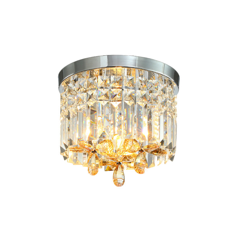 10"/15.5" Wide Chrome Cylinder Flush Light Modern Crystal Prisms LED Close to Ceiling Lighting Fixture for Doorway Clearhalo 'Ceiling Lights' 'Close To Ceiling Lights' 'Close to ceiling' 'Flush mount' Lighting' 1431498