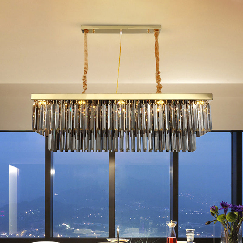 10 Heads Dining Room Island Lighting Modern Gold Suspension Pendant with 2-Tier Rectangle-Cut Crystal Shade, 23.5"/31.5" Wide Gold Clearhalo 'Ceiling Lights' 'Island Lights' Lighting' 1431515