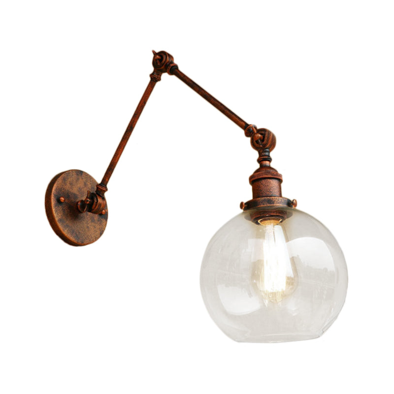 One Bulb Wall Light with Globe Shade Clear Glass Industrial Bedroom Sconce Lighting Fixture in Black/Antique Brass/Rust Clearhalo 'Cast Iron' 'Glass' 'Industrial wall lights' 'Industrial' 'Middle century wall lights' 'Modern' 'Tiffany' 'Traditional wall lights' 'Wall Lamps & Sconces' 'Wall Lights' Lighting' 143173