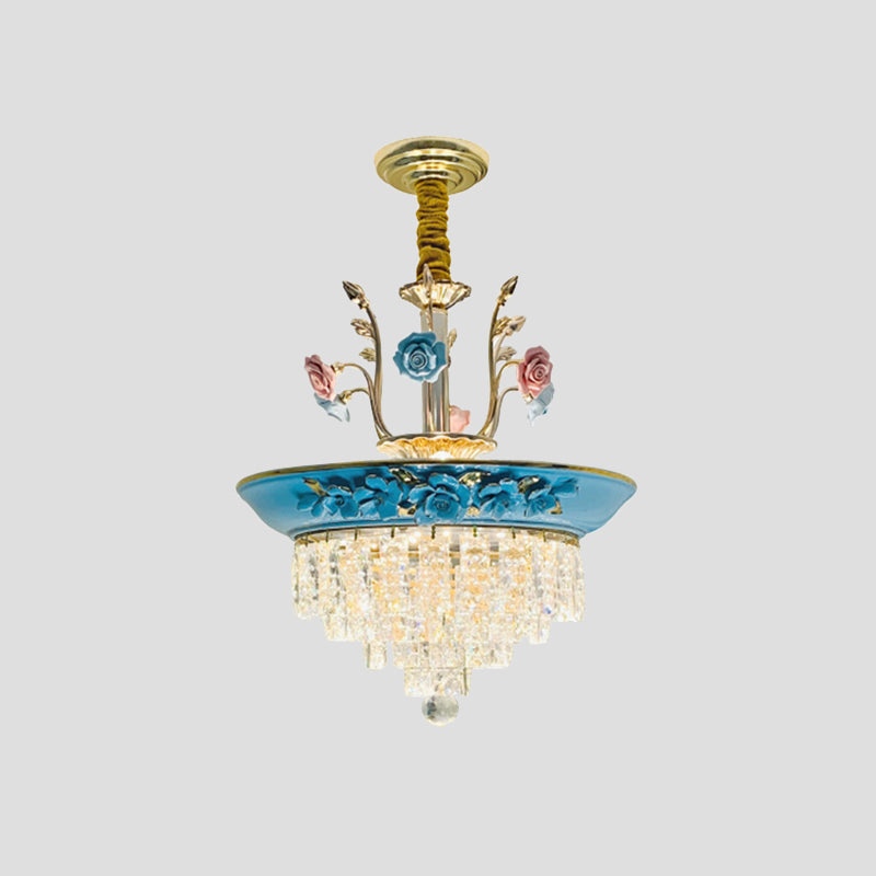 14"/17" W Antiqued Tiers Chandelier 2-Light Cut Crystal Drop Lamp with Handmade Rose Trim in Blue/Beige Clearhalo 'Ceiling Lights' 'Chandeliers' Lighting' options 1432055