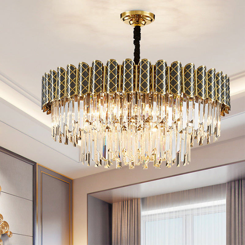 Crystal Rod 2 Tiers Round Pendant Light Modern 9 Bulbs Living Room Chandelier in Black-Gold Black-Gold Clearhalo 'Ceiling Lights' 'Chandeliers' 'Modern Chandeliers' 'Modern' Lighting' 1432061