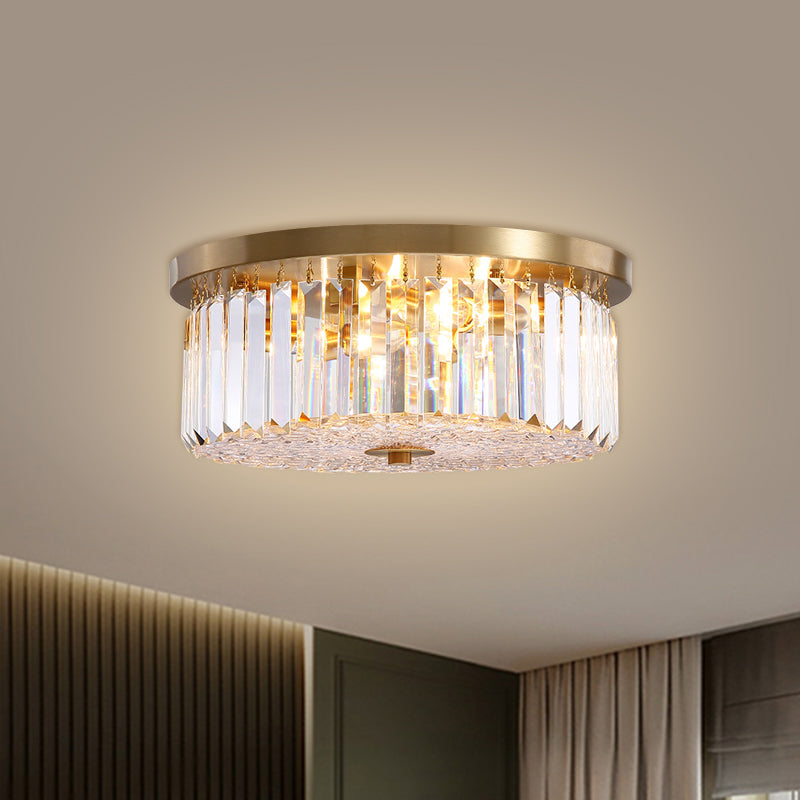 Prismatic Crystal Brass Flushmount Drum Shaped 4-Light Postmodern Ceiling Flush Light Clearhalo 'Ceiling Lights' 'Close To Ceiling Lights' 'Close to ceiling' 'Flush mount' Lighting' 1432108