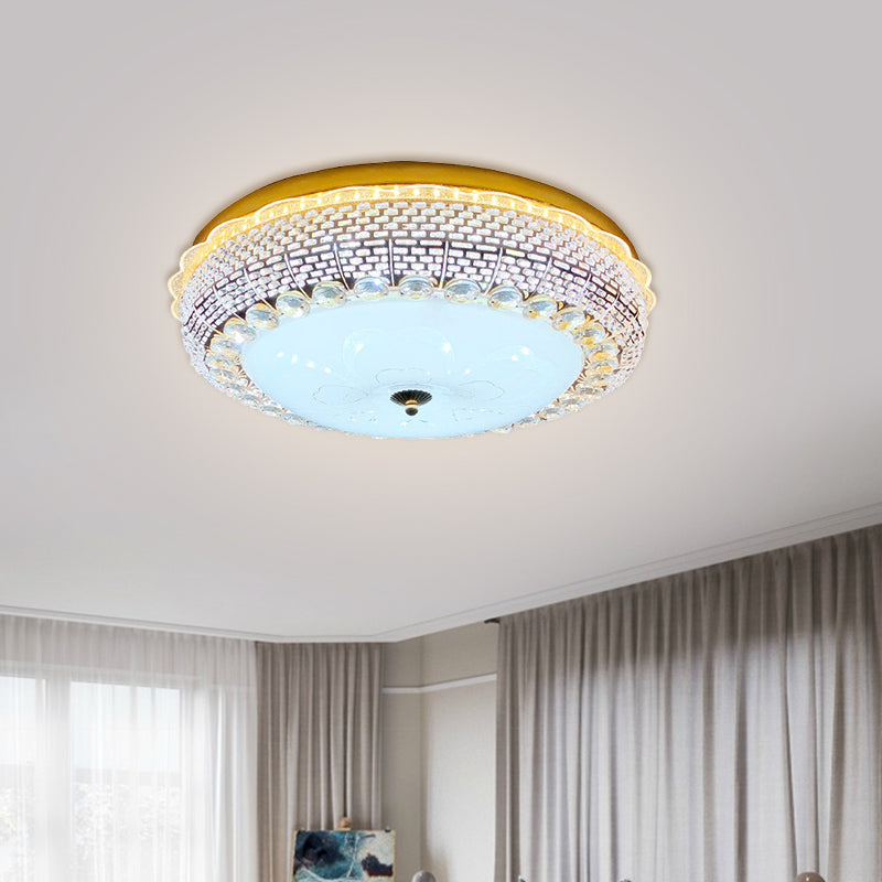 Gold Drum Ceiling Flushmount Lamp Modern Crystal Embedded Bedroom LED Flush Mount with Fishscale/Net Design Gold A Clearhalo 'Ceiling Lights' 'Close To Ceiling Lights' 'Close to ceiling' 'Flush mount' Lighting' 1432227