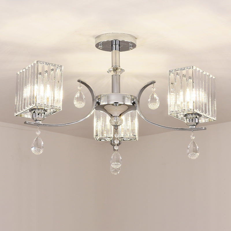 Chrome 3/6-Head Ceiling Mount Chandelier Contemporary Crystal Cuboid Semi Flush Light 3 Chrome Clearhalo 'Ceiling Lights' 'Close To Ceiling Lights' 'Close to ceiling' 'Semi-flushmount' Lighting' 1432246