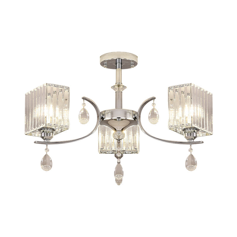 Chrome 3/6-Head Ceiling Mount Chandelier Contemporary Crystal Cuboid Semi Flush Light Clearhalo 'Ceiling Lights' 'Close To Ceiling Lights' 'Close to ceiling' 'Semi-flushmount' Lighting' 1432248
