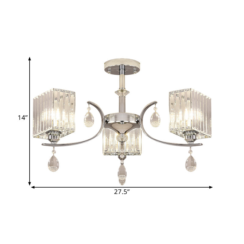 Chrome 3/6-Head Ceiling Mount Chandelier Contemporary Crystal Cuboid Semi Flush Light Clearhalo 'Ceiling Lights' 'Close To Ceiling Lights' 'Close to ceiling' 'Semi-flushmount' Lighting' 1432249