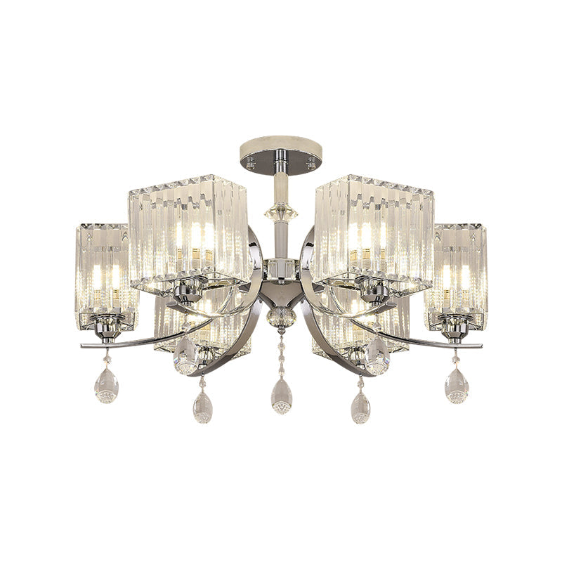 Chrome 3/6-Head Ceiling Mount Chandelier Contemporary Crystal Cuboid Semi Flush Light Clearhalo 'Ceiling Lights' 'Close To Ceiling Lights' 'Close to ceiling' 'Semi-flushmount' Lighting' 1432254
