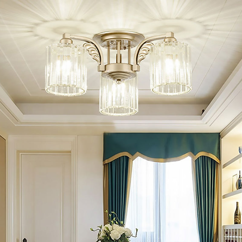 3/9-Light Cylinder Ceiling Lamp Modern Clear Crystal Semi Flush Mount Light Fixture for Bedroom 3 Clear Clearhalo 'Ceiling Lights' 'Close To Ceiling Lights' 'Close to ceiling' 'Semi-flushmount' Lighting' 1432277