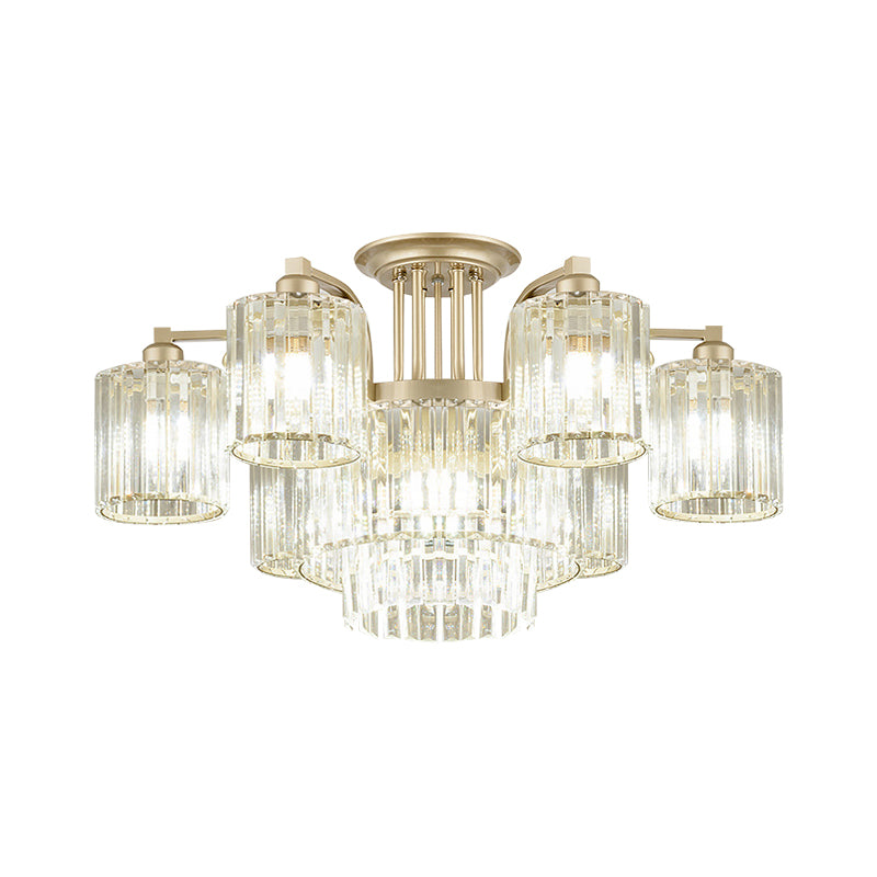 3/9-Light Cylinder Ceiling Lamp Modern Clear Crystal Semi Flush Mount Light Fixture for Bedroom Clearhalo 'Ceiling Lights' 'Close To Ceiling Lights' 'Close to ceiling' 'Semi-flushmount' Lighting' 1432284