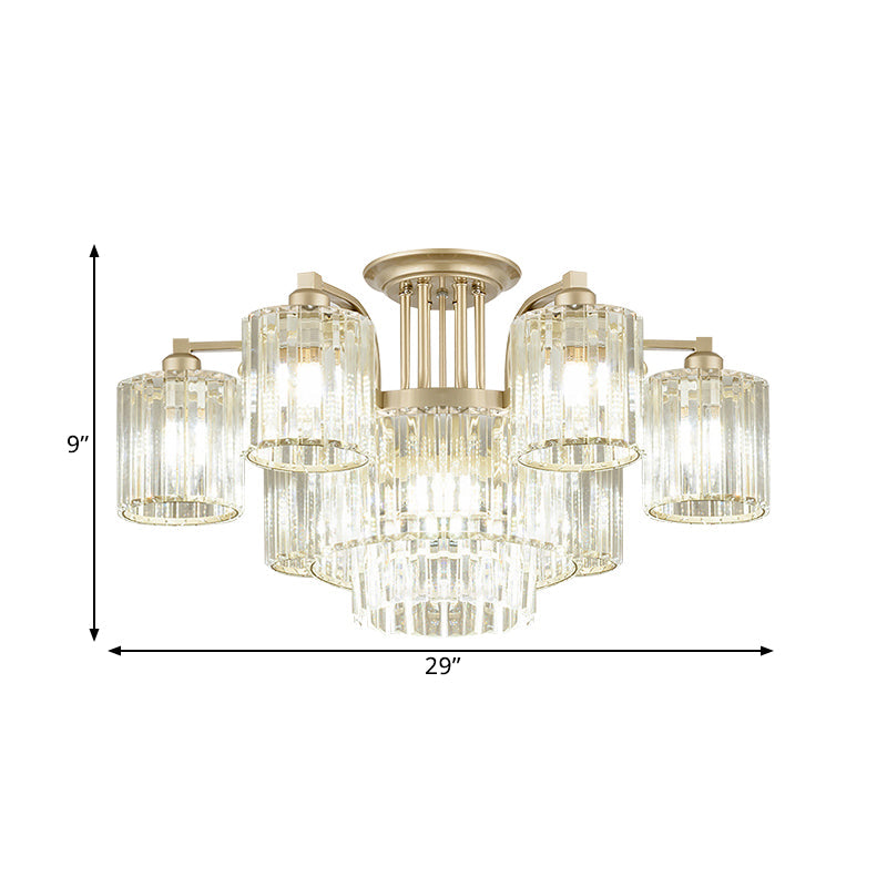 3/9-Light Cylinder Ceiling Lamp Modern Clear Crystal Semi Flush Mount Light Fixture for Bedroom Clearhalo 'Ceiling Lights' 'Close To Ceiling Lights' 'Close to ceiling' 'Semi-flushmount' Lighting' 1432285