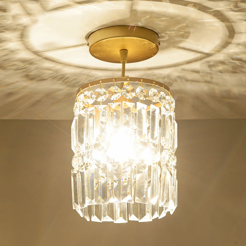 Beveled Crystal Cylindrical Semi Flush Minimalist 1 Head Corridor Close to Ceiling Light in Gold Clearhalo 'Ceiling Lights' 'Close To Ceiling Lights' 'Close to ceiling' 'Semi-flushmount' Lighting' 1432287