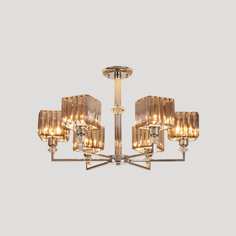 4/6 Heads Semi Flush Mount Chandelier Modern Bedroom Ceiling Light with Cuboid Crystal Shade in Chrome Clearhalo 'Ceiling Lights' 'Close To Ceiling Lights' 'Close to ceiling' 'Semi-flushmount' Lighting' 1432305