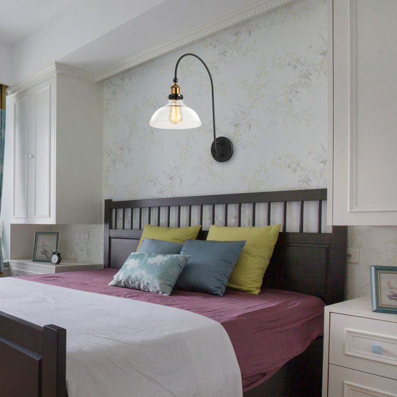 1 Bulb Barn Wall Mounted Light Fixture Industrial Antique Brass Clear Glass Lighting with Gooseneck Arm Antique Brass Clearhalo 'Cast Iron' 'Glass' 'Industrial wall lights' 'Industrial' 'Middle century wall lights' 'Modern' 'Tiffany' 'Traditional wall lights' 'Wall Lamps & Sconces' 'Wall Lights' Lighting' 143242