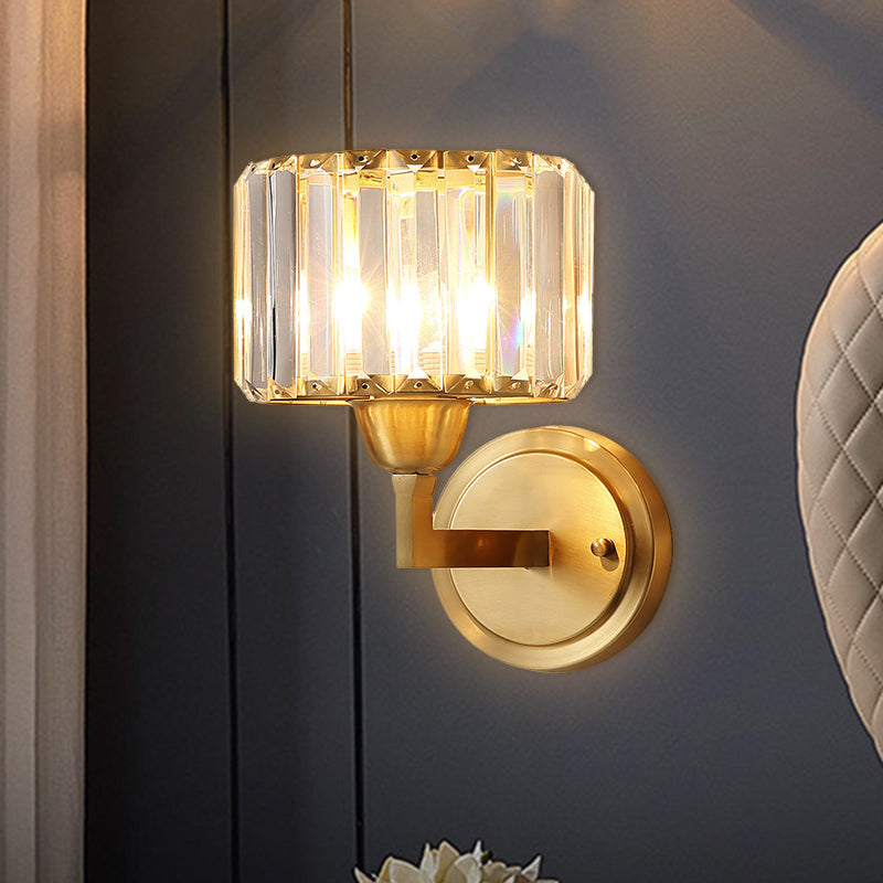 Cylindrical Crystal Prism Wall Lamp Postmodern 1 Bulb Bedside Sconce Light Fixture in Brass Brass Clearhalo 'Cast Iron' 'Glass' 'Industrial' 'Modern wall lights' 'Modern' 'Tiffany' 'Traditional wall lights' 'Wall Lamps & Sconces' 'Wall Lights' Lighting' 1432488