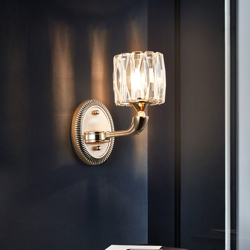 1/2-Head Beveled Cut Crystal Wall Lamp Contemporary Gold Cylinder Living Room Wall Mount Light Clearhalo 'Cast Iron' 'Glass' 'Industrial' 'Modern wall lights' 'Modern' 'Tiffany' 'Traditional wall lights' 'Wall Lamps & Sconces' 'Wall Lights' Lighting' 1432550