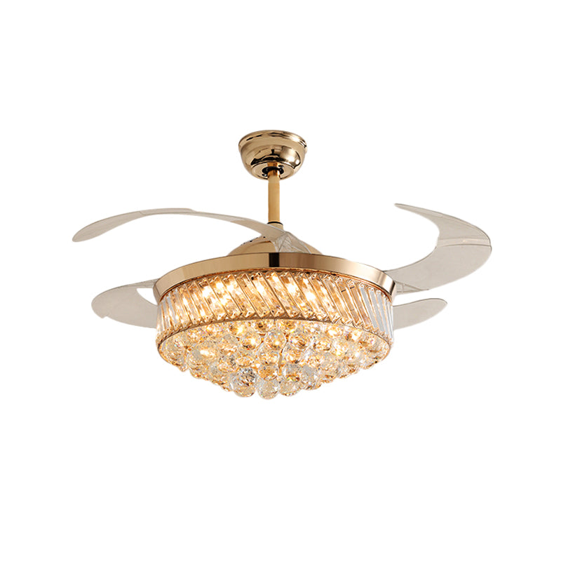 42" W K9 Crystal Tapered Fan Lamp Modern Dining Room LED Semi Flush Ceiling Light in Gold, 4 Blades Clearhalo 'Ceiling Fans with Lights' 'Ceiling Fans' 'Modern Ceiling Fans' 'Modern' Lighting' 1432639