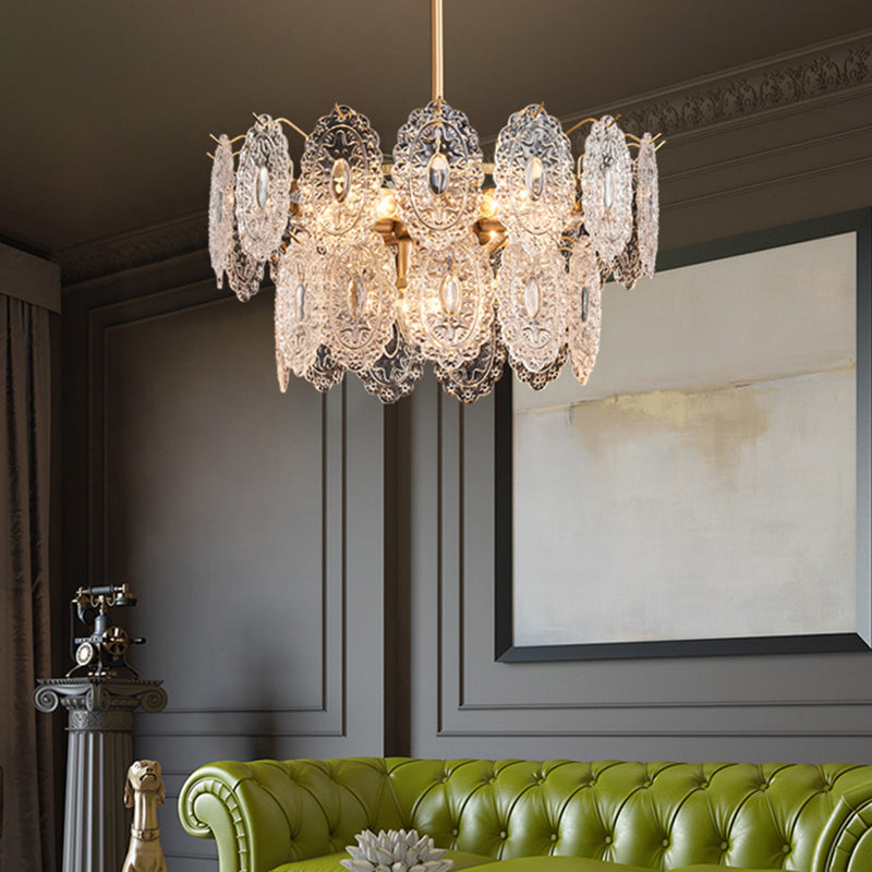 5/7 Heads Embossed Crystal Panels Chandelier Lamp Modern Gold Canopy Tapered Bedchamber Pendant Lighting, 15.5"/19.5" W Clearhalo 'Ceiling Lights' 'Chandeliers' 'Modern Chandeliers' 'Modern' Lighting' 1432679
