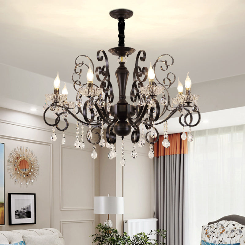 Clear Crystal Candelabra Suspension Pendant Traditional 6/8 Bulbs Parlor Chandelier with Droplets and Black Scroll Arms Clearhalo 'Ceiling Lights' 'Chandeliers' Lighting' options 1432711