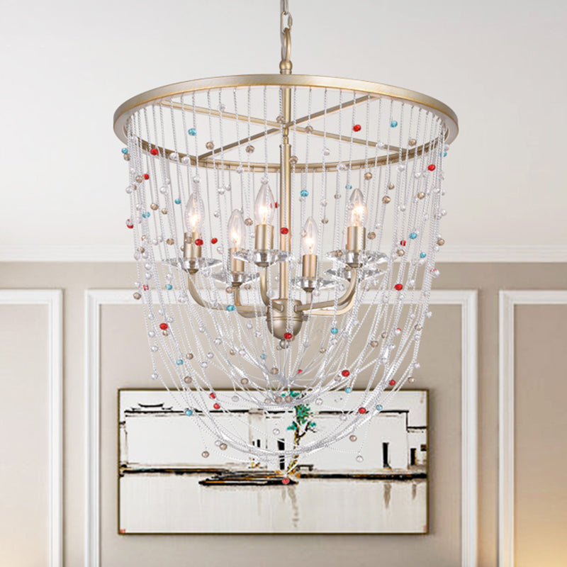 Candle Living Room Chandelier Modern Metal 4 Heads Gold Hanging Lighting with Crystal Bead Strand Decor, 15.5"/23.5" W Gold 23.5" Clearhalo 'Ceiling Lights' 'Chandeliers' 'Modern Chandeliers' 'Modern' Lighting' 1432759