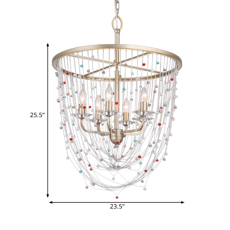 Candle Living Room Chandelier Modern Metal 4 Heads Gold Hanging Lighting with Crystal Bead Strand Decor, 15.5"/23.5" W Clearhalo 'Ceiling Lights' 'Chandeliers' 'Modern Chandeliers' 'Modern' Lighting' 1432763