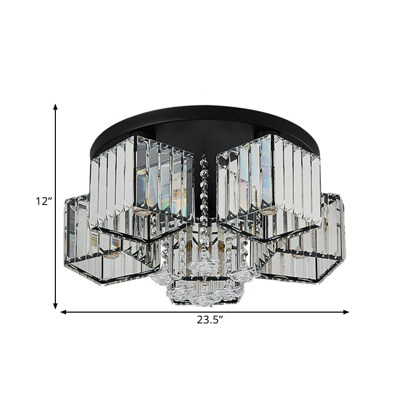 Black Canopy 5/6 Bulbs Flush Mount Contemporary Clear Crystal Cubic Shade Ceiling Light Fixture with Flower Draping Clearhalo 'Ceiling Lights' 'Close To Ceiling Lights' 'Close to ceiling' 'Flush mount' Lighting' 1432776