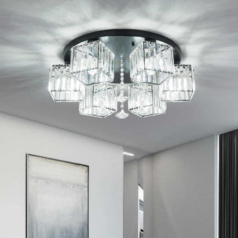 Black Canopy 5/6 Bulbs Flush Mount Contemporary Clear Crystal Cubic Shade Ceiling Light Fixture with Flower Draping Clearhalo 'Ceiling Lights' 'Close To Ceiling Lights' 'Close to ceiling' 'Flush mount' Lighting' 1432778