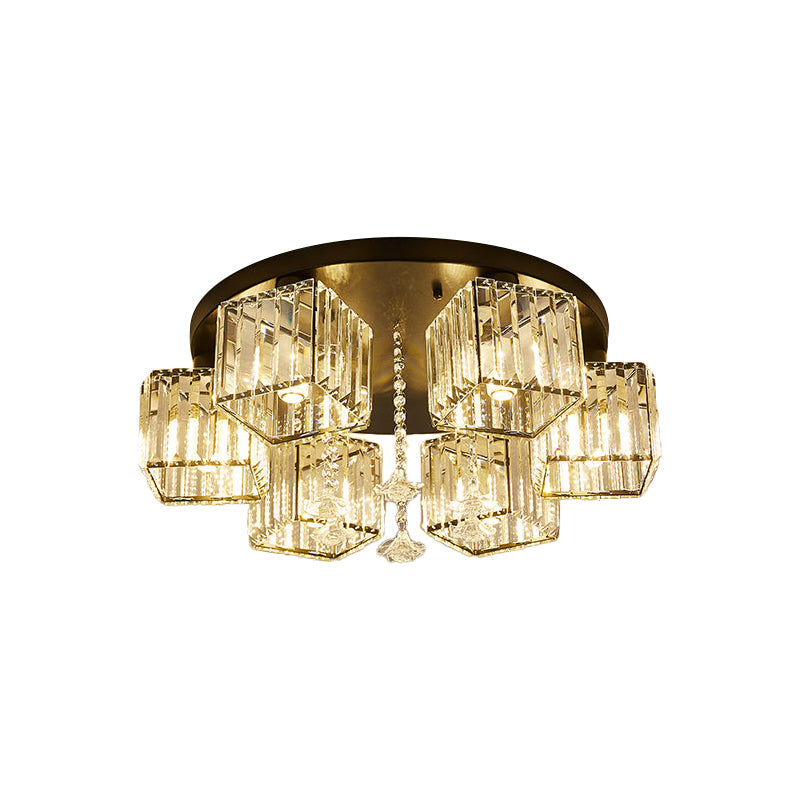 Black Canopy 5/6 Bulbs Flush Mount Contemporary Clear Crystal Cubic Shade Ceiling Light Fixture with Flower Draping Clearhalo 'Ceiling Lights' 'Close To Ceiling Lights' 'Close to ceiling' 'Flush mount' Lighting' 1432780