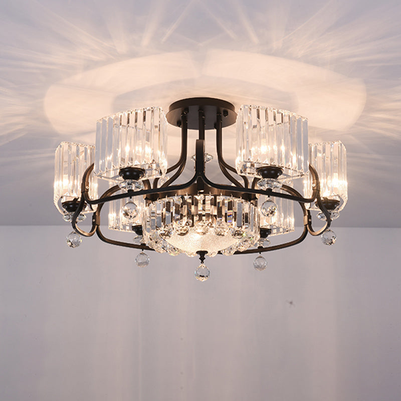 Crystal Trapezoid Lighting Fixture Contemporary 4/8 Bulbs Dinning Room Semi Flush with Black Frame Clearhalo 'Ceiling Lights' 'Close To Ceiling Lights' 'Close to ceiling' 'Semi-flushmount' Lighting' 1432794