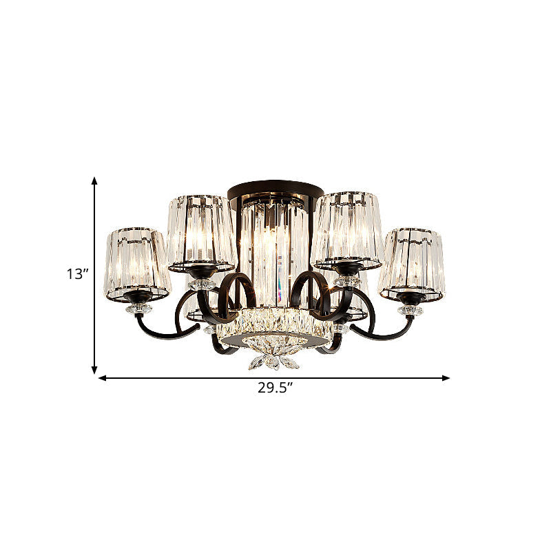 Clear Crystal Barrel Shade Ceiling Flush Mount Contemporary 8 Heads Bedchamber Semi Flush in Black Clearhalo 'Ceiling Lights' 'Close To Ceiling Lights' 'Close to ceiling' 'Semi-flushmount' Lighting' 1432835