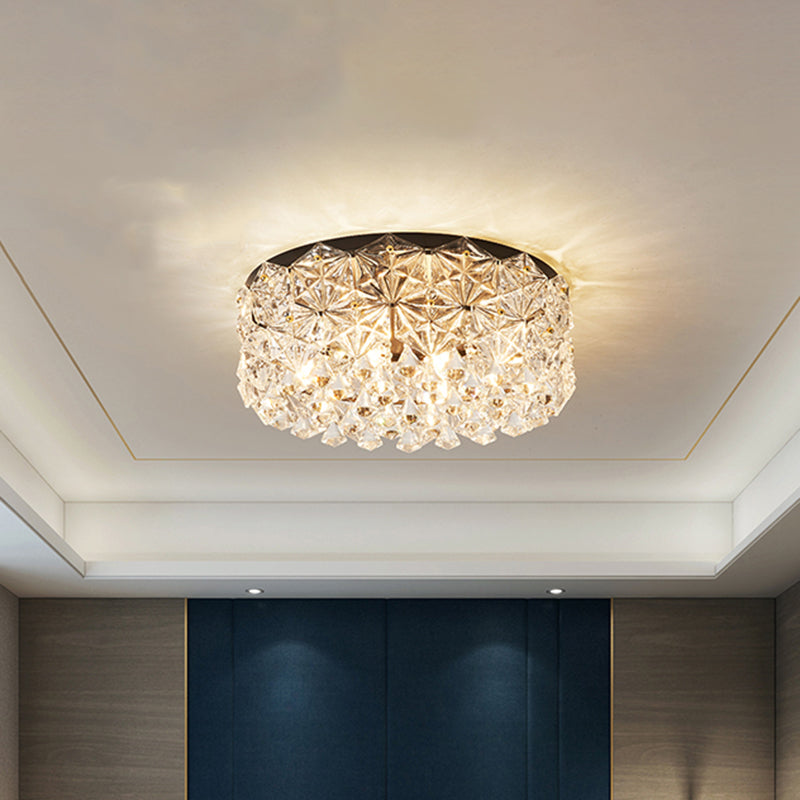 4/6 Bulbs Drum Ceiling Light Fixture Modern Black Canopy Faceted Hexagon Crystals Flush Mount Lamp, 18"/21.5" W Black Clearhalo 'Ceiling Lights' 'Close To Ceiling Lights' 'Close to ceiling' 'Flush mount' Lighting' 1432918