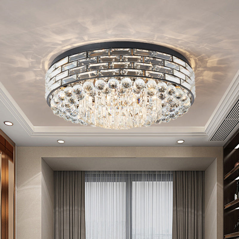 7/9 Bulbs Drum Ceiling Mounted Light Modern Black Canopy Clear Crystal Draping Flushmount Lighting, 19.5"/23.5" Wide Clearhalo 'Ceiling Lights' 'Close To Ceiling Lights' 'Close to ceiling' 'Flush mount' Lighting' 1433031