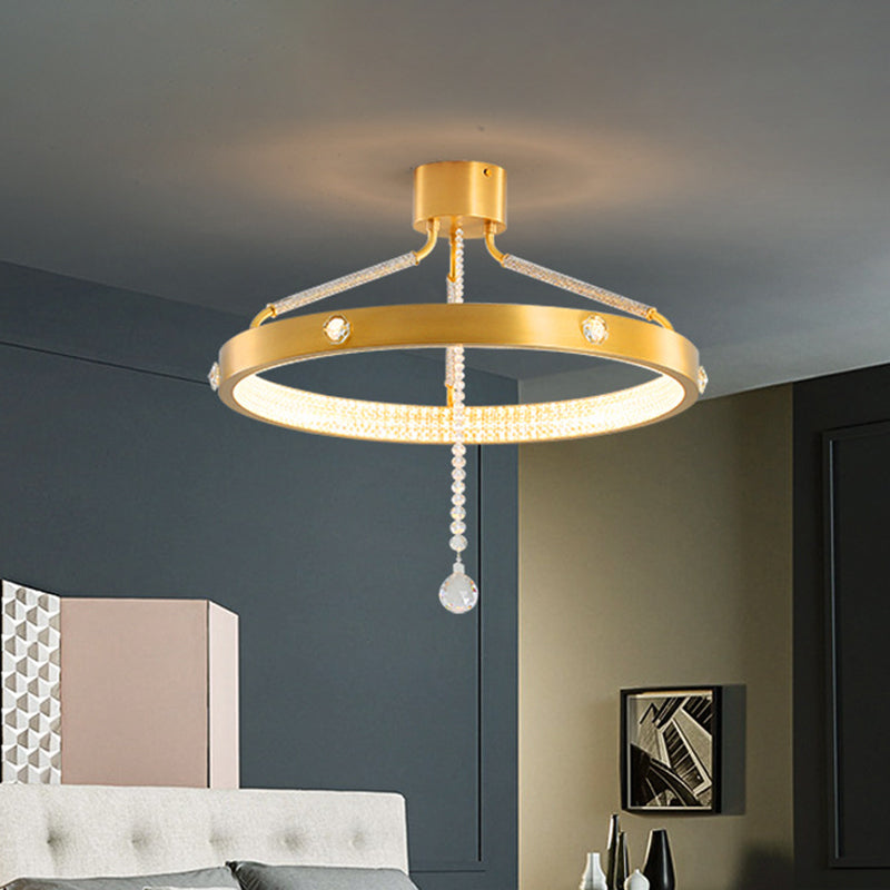 19.5"/15.5" Wide LED Semi Flush Mount Contemporary Ring Metal Ceiling Lighting in Gold with Crystal Strand Gold Clearhalo 'Ceiling Lights' 'Close To Ceiling Lights' 'Close to ceiling' 'Semi-flushmount' Lighting' 1433403