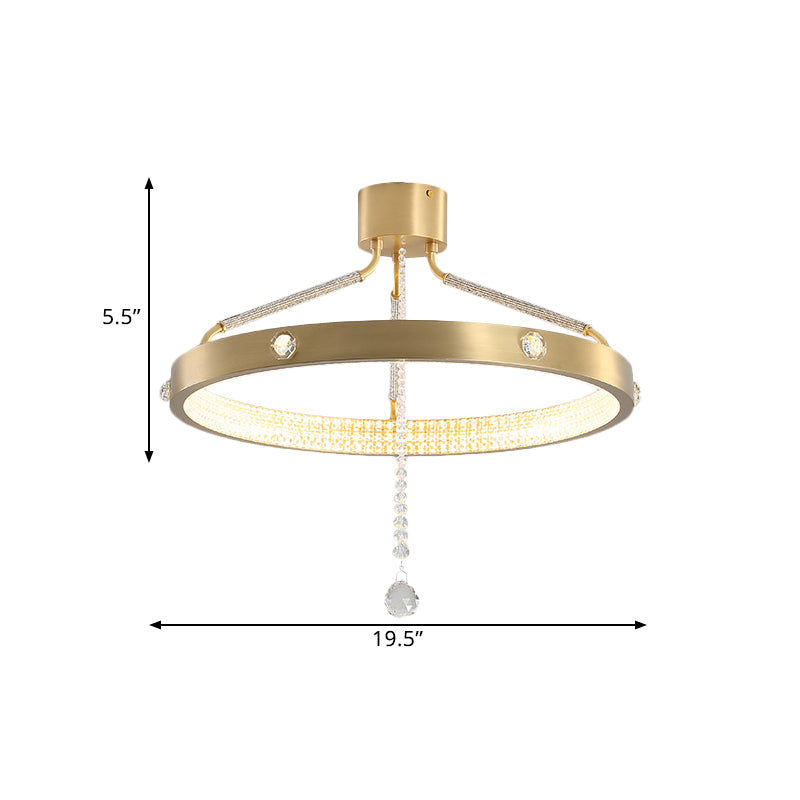 19.5"/15.5" Wide LED Semi Flush Mount Contemporary Ring Metal Ceiling Lighting in Gold with Crystal Strand Clearhalo 'Ceiling Lights' 'Close To Ceiling Lights' 'Close to ceiling' 'Semi-flushmount' Lighting' 1433407