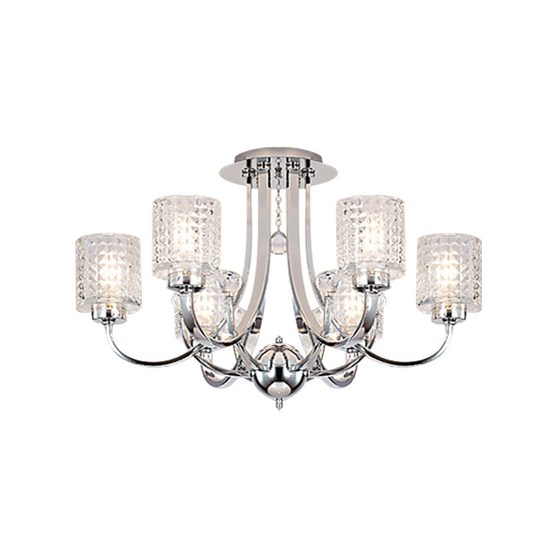 3/4/6 Bulbs Swirling Arm Semi Flush Modern Chrome Metal Ceiling Mounted Fixture with Cylinder Crystal Shade Clearhalo 'Ceiling Lights' 'Close To Ceiling Lights' 'Close to ceiling' 'Semi-flushmount' Lighting' 1433439