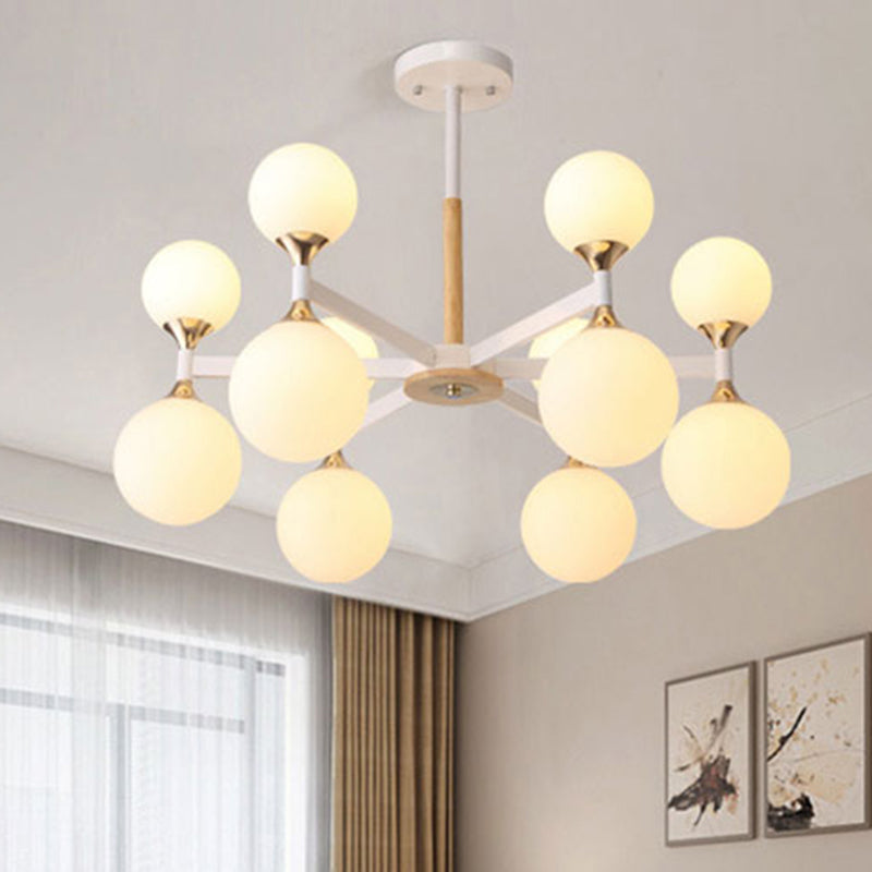 6/12-Light Glass Ball Hanging Chandelier Wood and Metal Body Pendant Lamp for Restaurant 12 White Clearhalo 'Ceiling Lights' 'Chandeliers' 'Glass shade' 'Glass' 'Modern Chandeliers' 'Modern' Lighting' 1433534