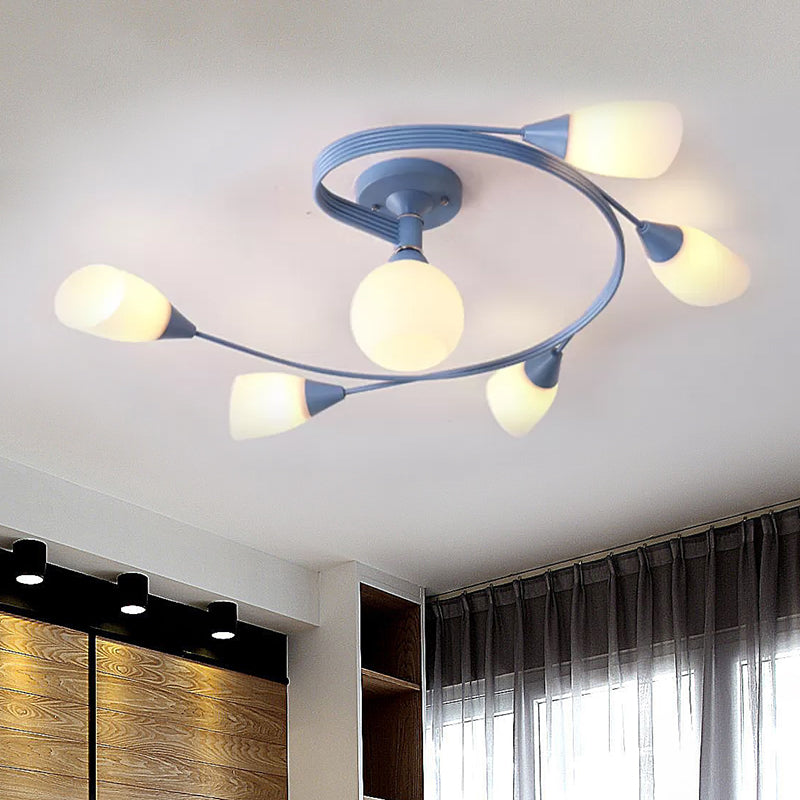 Curly Semi Flush Mount Light Nordic Iron 4/6-Head Grey/Pink/Yellow Ceiling Lamp with White Glass Shade Clearhalo 'Ceiling Lights' 'Chandeliers' 'Close To Ceiling Lights' 'Close to ceiling' 'Glass shade' 'Glass' 'Semi-flushmount' Lighting' 1433755