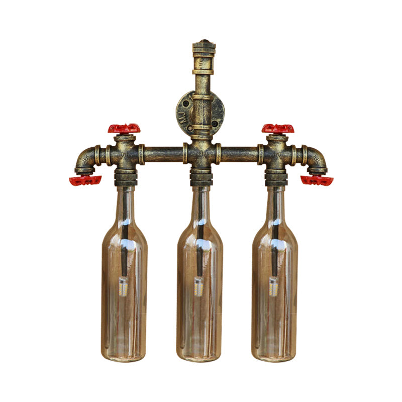 Wrought Iron Bottle Wall Light Antique 3 Lights Living Room Blue/Clear Wall Mounted Lamp with Aged Brass Pipe Clearhalo 'Cast Iron' 'Glass' 'Industrial wall lights' 'Industrial' 'Middle century wall lights' 'Modern' 'Tiffany' 'Traditional wall lights' 'Wall Lamps & Sconces' 'Wall Lights' Lighting' 143377