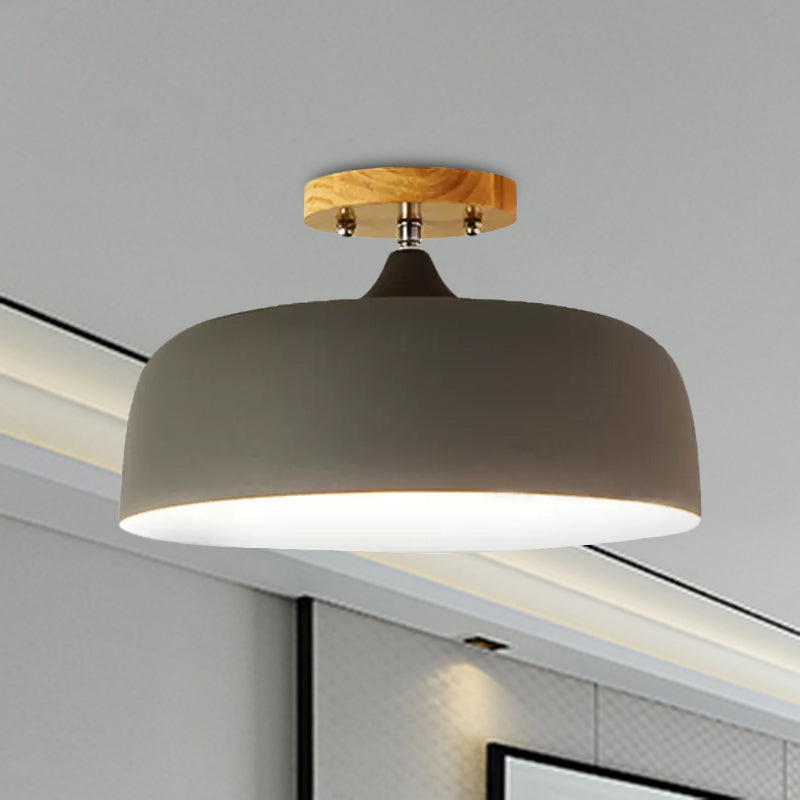 1 Light Gray/White/Pink/Green Ceiling Flush Mount Light with Drum Metal Lampshade Simple Semi-Flushmount Lamp Clearhalo 'Ceiling Lights' 'Close To Ceiling Lights' 'Close to ceiling' 'Semi-flushmount' Lighting' 1433848