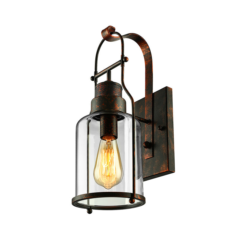 Cylinder Clear Glass Wall Mounted Lamp Industrial Single Bulb Living Room Sconce Light in Black/White/Rust with Cage Clearhalo 'Cast Iron' 'Glass' 'Industrial wall lights' 'Industrial' 'Middle century wall lights' 'Modern' 'Tiffany' 'Traditional wall lights' 'Wall Lamps & Sconces' 'Wall Lights' Lighting' 143385