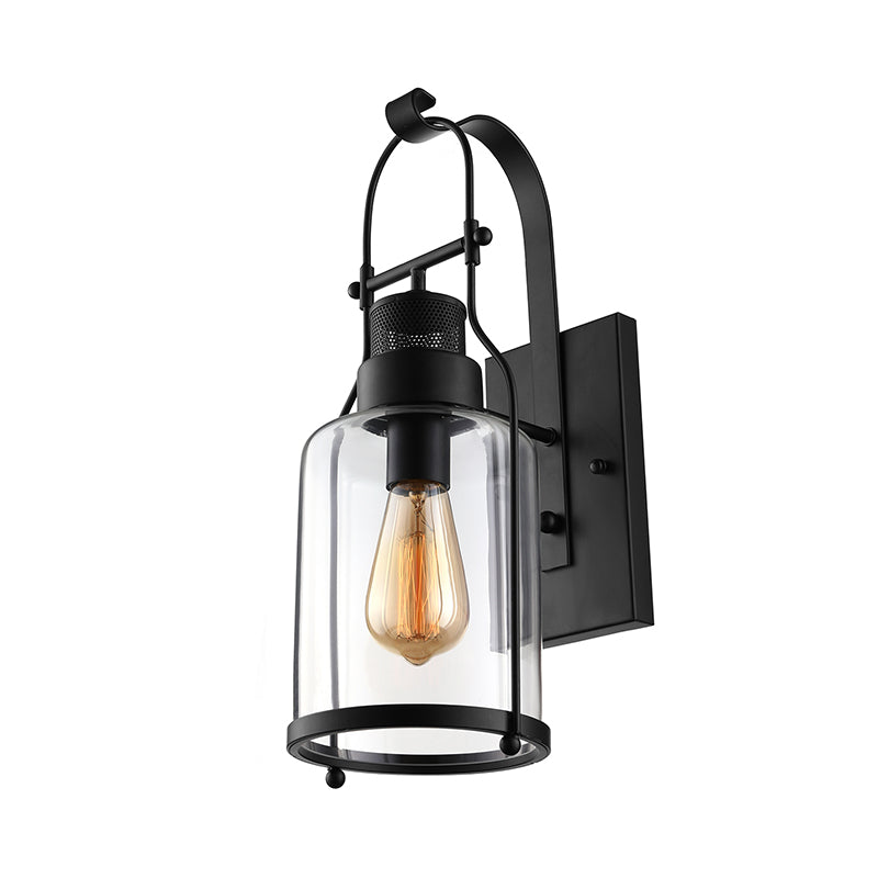 Cylinder Clear Glass Wall Mounted Lamp Industrial Single Bulb Living Room Sconce Light in Black/White/Rust with Cage Rust Clearhalo 'Cast Iron' 'Glass' 'Industrial wall lights' 'Industrial' 'Middle century wall lights' 'Modern' 'Tiffany' 'Traditional wall lights' 'Wall Lamps & Sconces' 'Wall Lights' Lighting' 143391