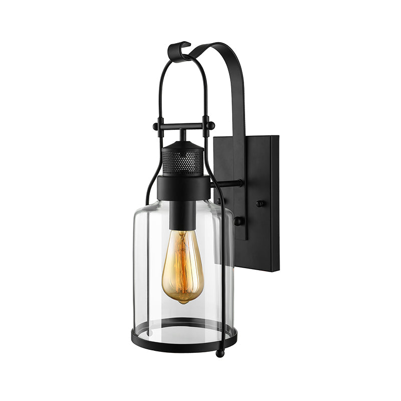 Cylinder Clear Glass Wall Mounted Lamp Industrial Single Bulb Living Room Sconce Light in Black/White/Rust with Cage Clearhalo 'Cast Iron' 'Glass' 'Industrial wall lights' 'Industrial' 'Middle century wall lights' 'Modern' 'Tiffany' 'Traditional wall lights' 'Wall Lamps & Sconces' 'Wall Lights' Lighting' 143392
