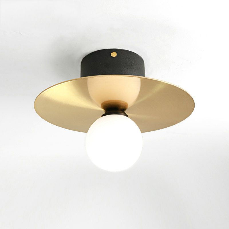 Milk Glass Globe Light Fixture Ceiling with Golden Disk Contemporary 1 Bulb Ceiling Light for Living Room Clearhalo 'Ceiling Lights' 'Close To Ceiling Lights' 'Close to ceiling' 'Flush mount' Lighting' 1433926