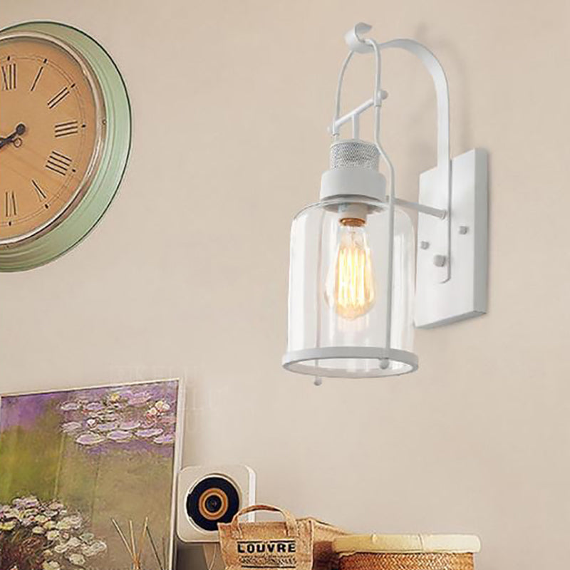 Cylinder Clear Glass Wall Mounted Lamp Industrial Single Bulb Living Room Sconce Light in Black/White/Rust with Cage White Clearhalo 'Cast Iron' 'Glass' 'Industrial wall lights' 'Industrial' 'Middle century wall lights' 'Modern' 'Tiffany' 'Traditional wall lights' 'Wall Lamps & Sconces' 'Wall Lights' Lighting' 143396