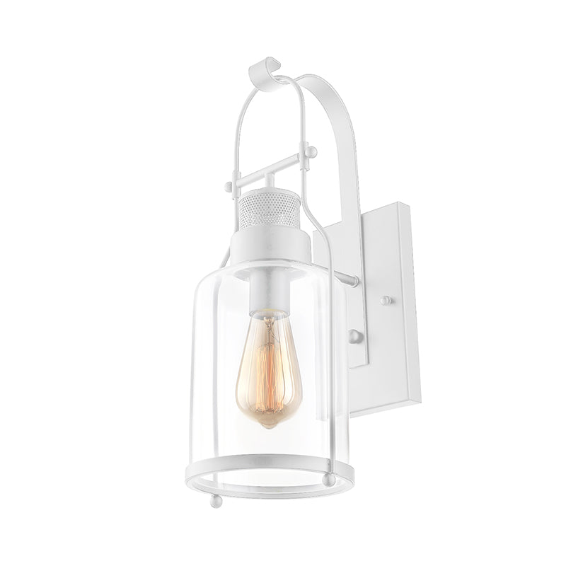 Cylinder Clear Glass Wall Mounted Lamp Industrial Single Bulb Living Room Sconce Light in Black/White/Rust with Cage Clearhalo 'Cast Iron' 'Glass' 'Industrial wall lights' 'Industrial' 'Middle century wall lights' 'Modern' 'Tiffany' 'Traditional wall lights' 'Wall Lamps & Sconces' 'Wall Lights' Lighting' 143397
