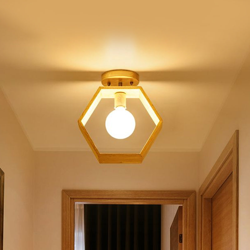 Triangle/Square/Pentagon Semi Flush Mount Light with White Glass Modern 1 Head Ceiling Mounted Fixture in Wood Clearhalo 'Ceiling Lights' 'Close To Ceiling Lights' 'Close to ceiling' 'Flush mount' Lighting' 1434035
