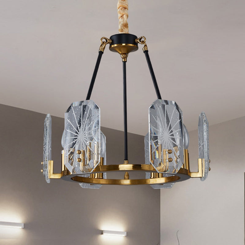 Geometric Panel Pendulum Light Postmodern Clear Crystal Glass 6-Bulb Black and Gold Ring Chandelier Clearhalo 'Ceiling Lights' 'Chandeliers' 'Modern Chandeliers' 'Modern' Lighting' 1435225