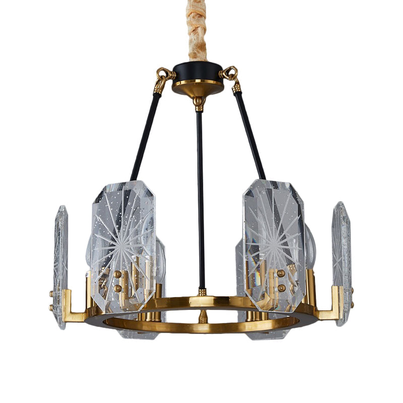 Geometric Panel Pendulum Light Postmodern Clear Crystal Glass 6-Bulb Black and Gold Ring Chandelier Clearhalo 'Ceiling Lights' 'Chandeliers' 'Modern Chandeliers' 'Modern' Lighting' 1435226